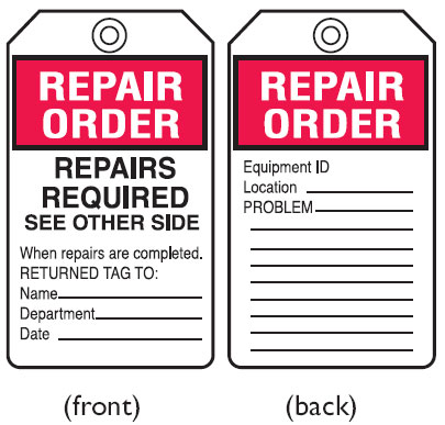 Equipment Servicing Tags - Repairs Order
